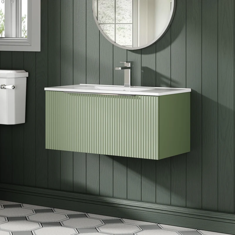 Hudson Reed Fluted Wall Hung 800mm Vanity Unit With 1 Drawer & Ceramic Basin - Satin Green
