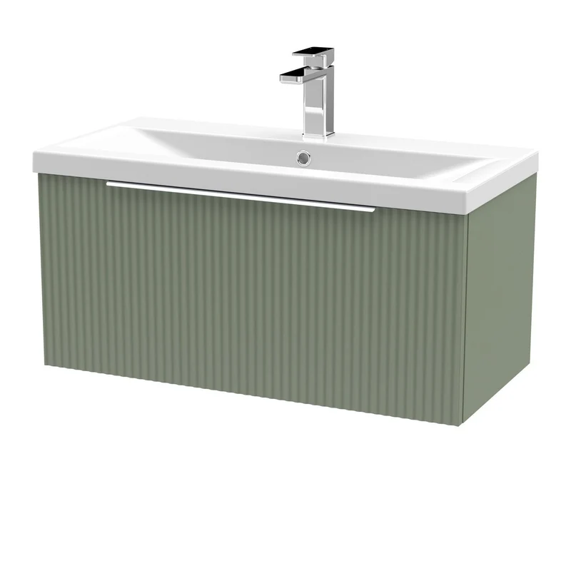 Hudson Reed Fluted Wall Hung 800mm Vanity Unit With 1 Drawer & Ceramic Basin - Satin Green