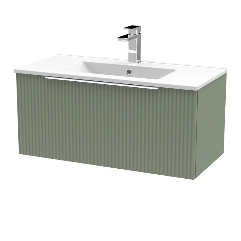 Hudson Reed Fluted Wall Hung 800mm Vanity Unit With 1 Drawer & Ceramic Basin - Satin Green