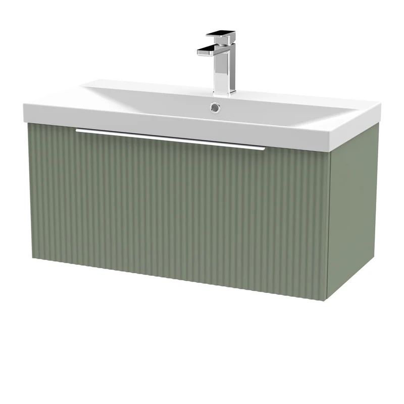 Hudson Reed Fluted Wall Hung 800mm Vanity Unit With 1 Drawer & Ceramic Basin - Satin Green