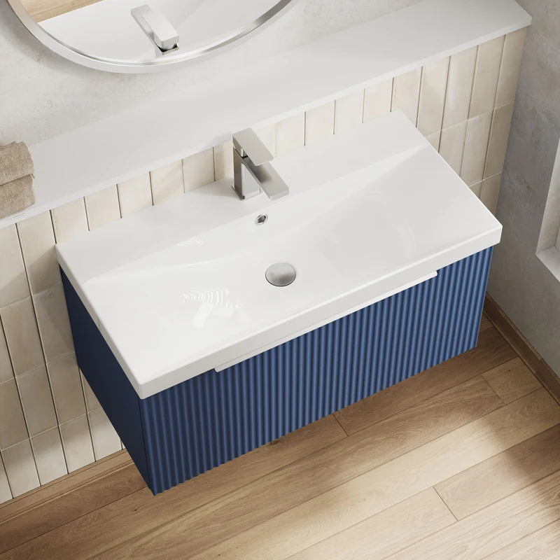 Hudson Reed Fluted Wall Hung 800mm Vanity Unit With 1 Drawer & Ceramic Basin - Satin Blue