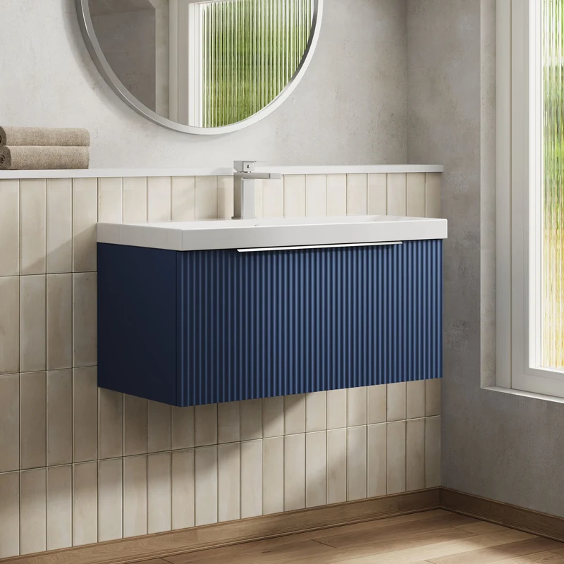 Hudson Reed Fluted Wall Hung 800mm Vanity Unit With 1 Drawer & Ceramic Basin - Satin Blue