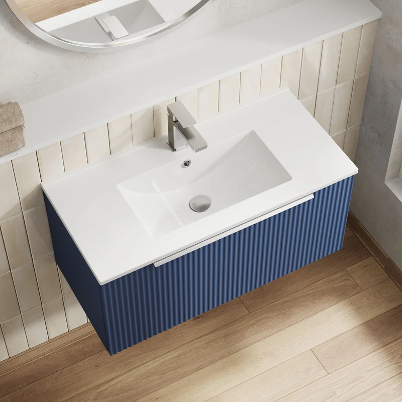 Hudson Reed Fluted Wall Hung 800mm Vanity Unit With 1 Drawer & Ceramic Basin - Satin Blue