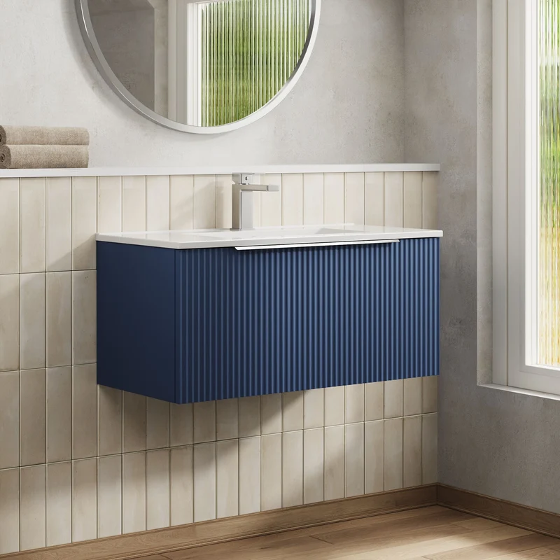 Hudson Reed Fluted Wall Hung 800mm Vanity Unit With 1 Drawer & Ceramic Basin - Satin Blue