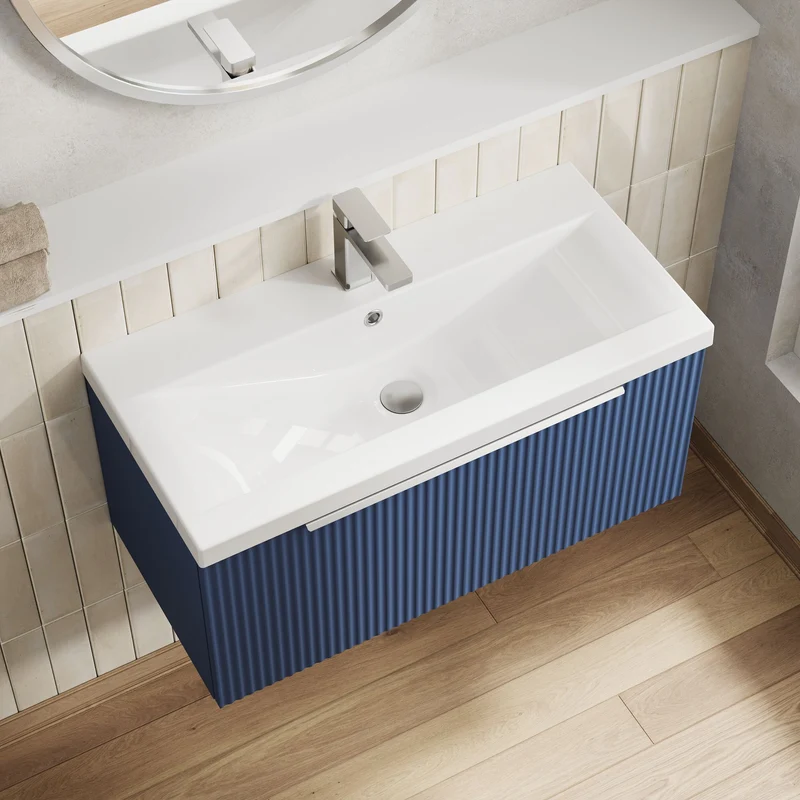 Hudson Reed Fluted Wall Hung 800mm Vanity Unit With 1 Drawer & Ceramic Basin - Satin Blue