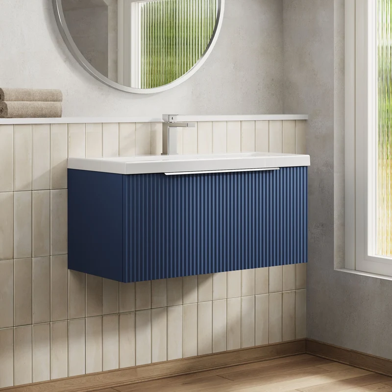 Hudson Reed Fluted Wall Hung 800mm Vanity Unit With 1 Drawer & Ceramic Basin - Satin Blue