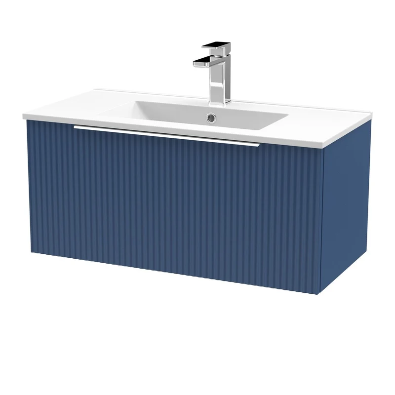 Hudson Reed Fluted Wall Hung 800mm Vanity Unit With 1 Drawer & Ceramic Basin - Satin Blue