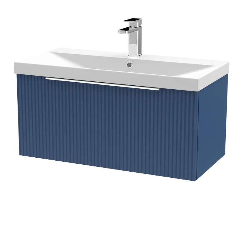 Hudson Reed Fluted Wall Hung 800mm Vanity Unit With 1 Drawer & Ceramic Basin - Satin Blue