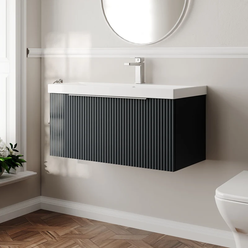 Hudson Reed Fluted Wall Hung 800mm Vanity Unit With 1 Drawer & Ceramic Basin - Satin Anthracite
