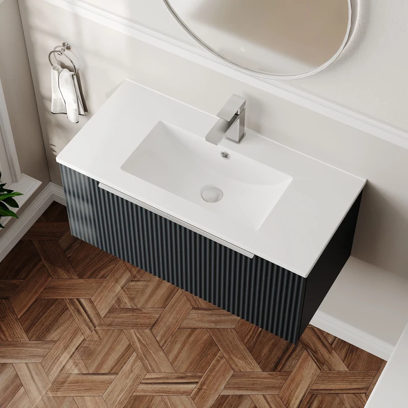 Hudson Reed Fluted Wall Hung 800mm Vanity Unit With 1 Drawer & Ceramic Basin - Satin Anthracite