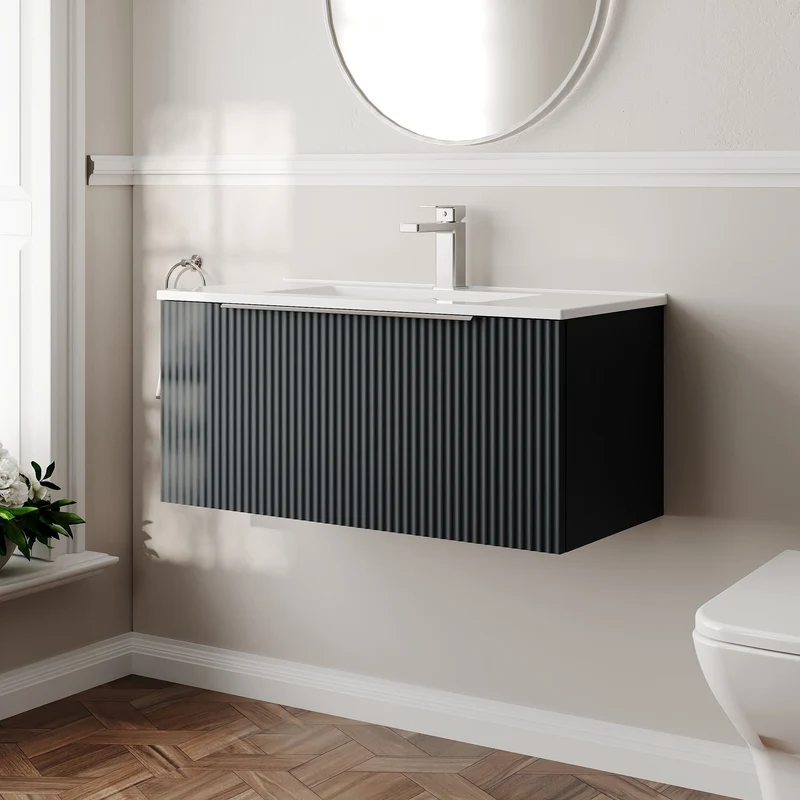Hudson Reed Fluted Wall Hung 800mm Vanity Unit With 1 Drawer & Ceramic Basin - Satin Anthracite