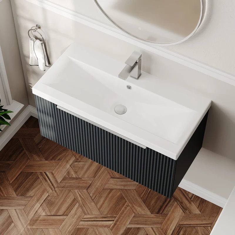 Hudson Reed Fluted Wall Hung 800mm Vanity Unit With 1 Drawer & Ceramic Basin - Satin Anthracite