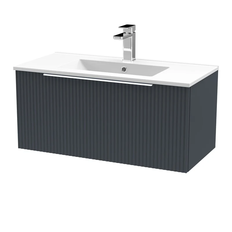 Hudson Reed Fluted Wall Hung 800mm Vanity Unit With 1 Drawer & Ceramic Basin - Satin Anthracite