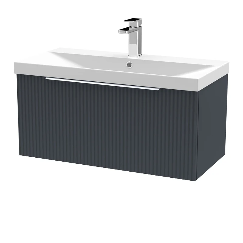 Hudson Reed Fluted Wall Hung 800mm Vanity Unit With 1 Drawer & Ceramic Basin - Satin Anthracite