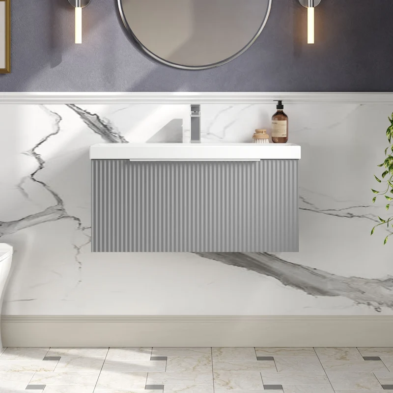 Hudson Reed Fluted Wall Hung 800mm Vanity Unit With 1 Drawer & Ceramic Basin - Satin Grey