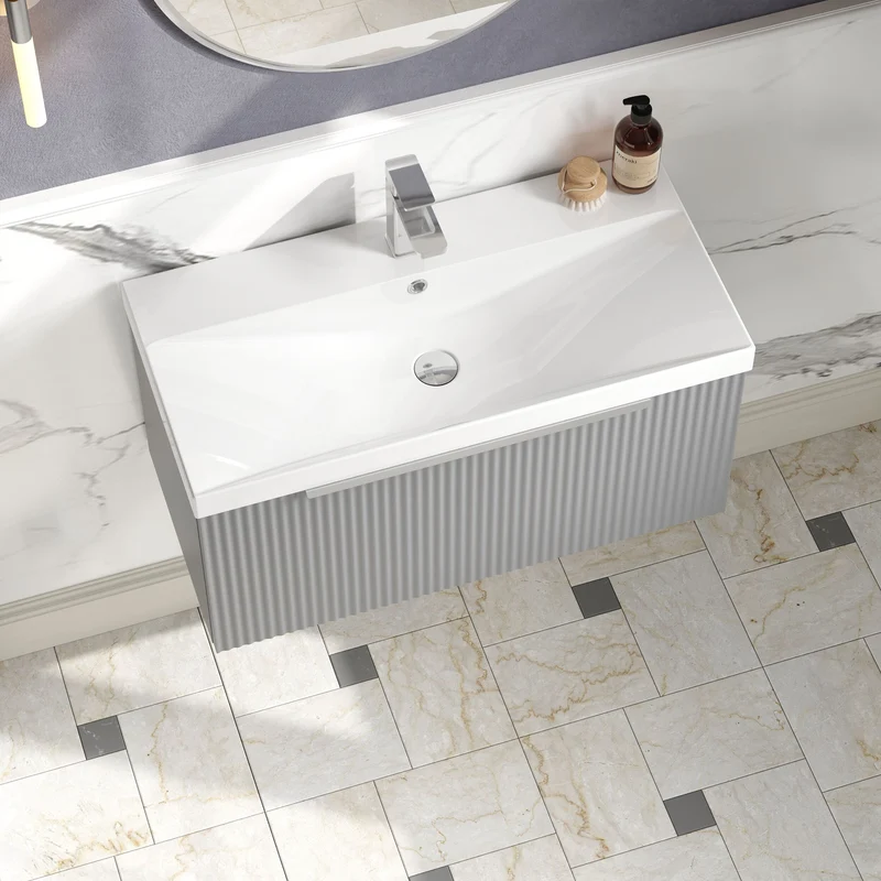 Hudson Reed Fluted Wall Hung 800mm Vanity Unit With 1 Drawer & Ceramic Basin - Satin Grey