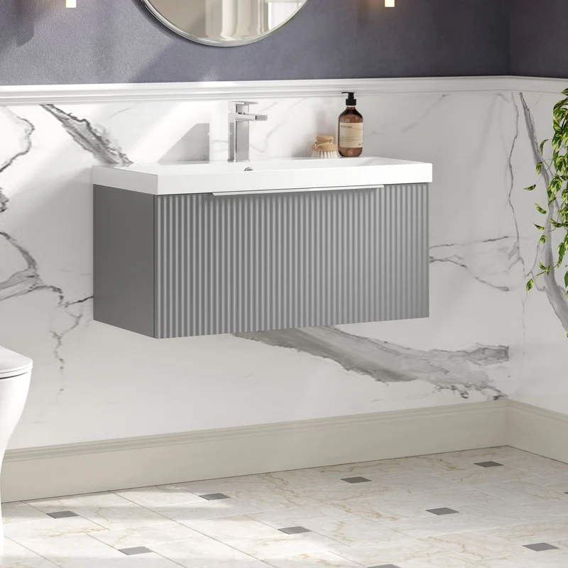Hudson Reed Fluted Wall Hung 800mm Vanity Unit With 1 Drawer & Ceramic Basin - Satin Grey