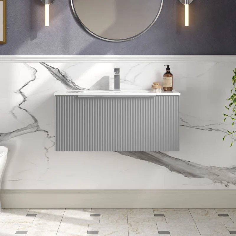 Hudson Reed Fluted Wall Hung 800mm Vanity Unit With 1 Drawer & Ceramic Basin - Satin Grey