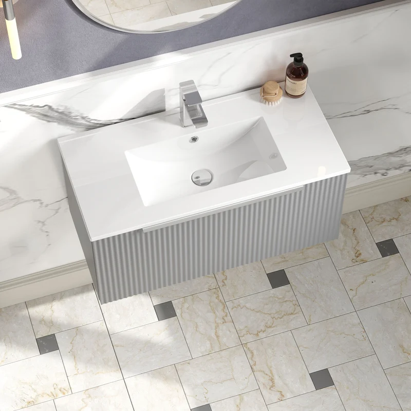 Hudson Reed Fluted Wall Hung 800mm Vanity Unit With 1 Drawer & Ceramic Basin - Satin Grey