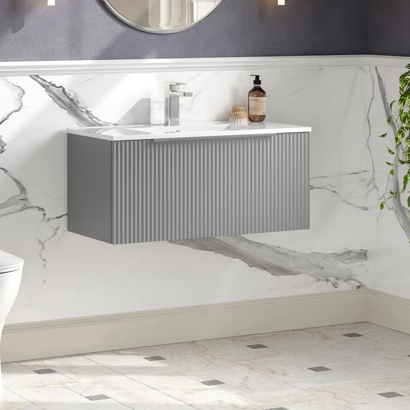 Hudson Reed Fluted Wall Hung 800mm Vanity Unit With 1 Drawer & Ceramic Basin - Satin Grey