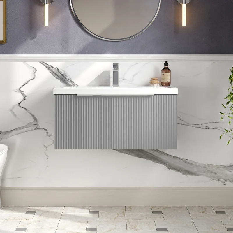 Hudson Reed Fluted Wall Hung 800mm Vanity Unit With 1 Drawer & Ceramic Basin - Satin Grey
