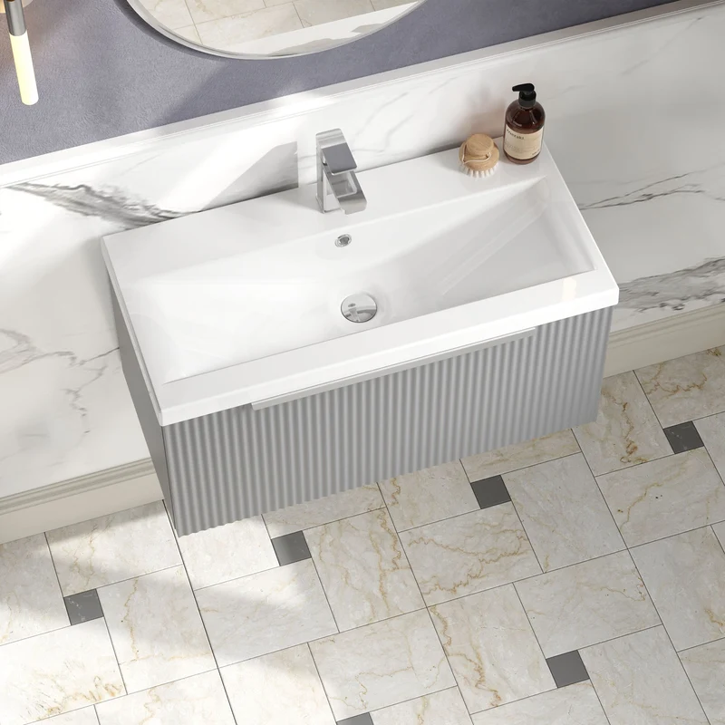 Hudson Reed Fluted Wall Hung 800mm Vanity Unit With 1 Drawer & Ceramic Basin - Satin Grey