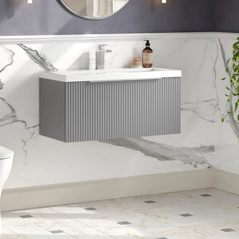 Hudson Reed Fluted Wall Hung 800mm Vanity Unit With 1 Drawer & Ceramic Basin - Satin Grey