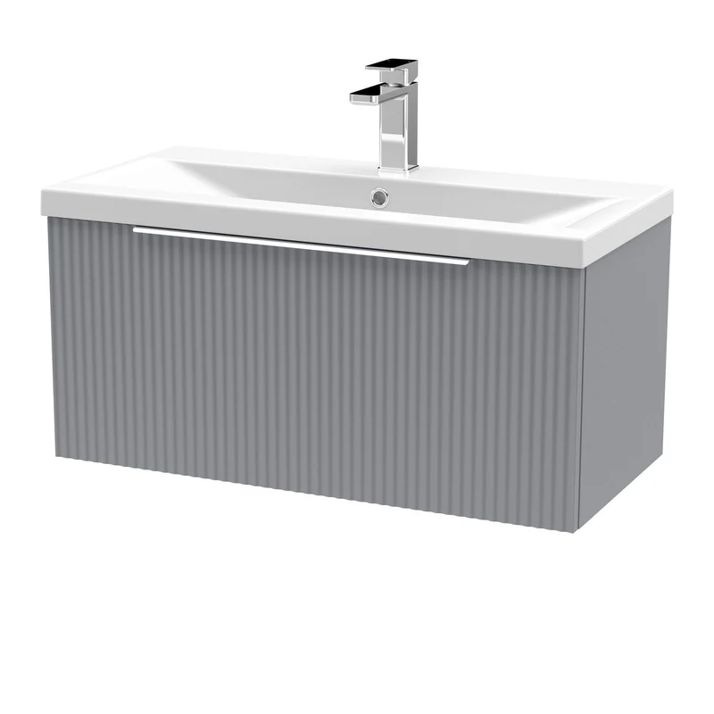 Hudson Reed Fluted Wall Hung 800mm Vanity Unit With 1 Drawer & Ceramic Basin - Satin Grey