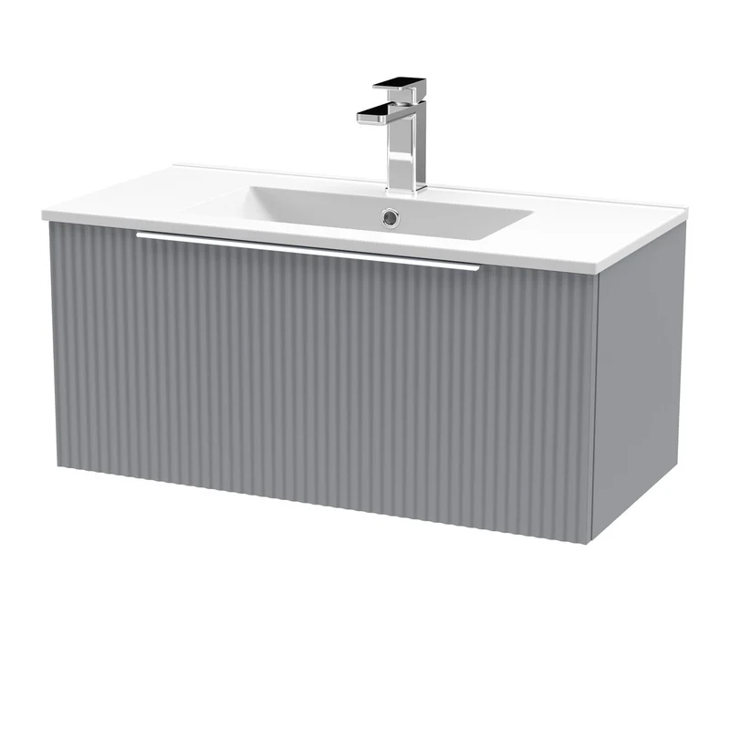 Hudson Reed Fluted Wall Hung 800mm Vanity Unit With 1 Drawer & Ceramic Basin - Satin Grey