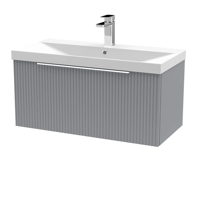 Hudson Reed Fluted Wall Hung 800mm Vanity Unit With 1 Drawer & Ceramic Basin - Satin Grey