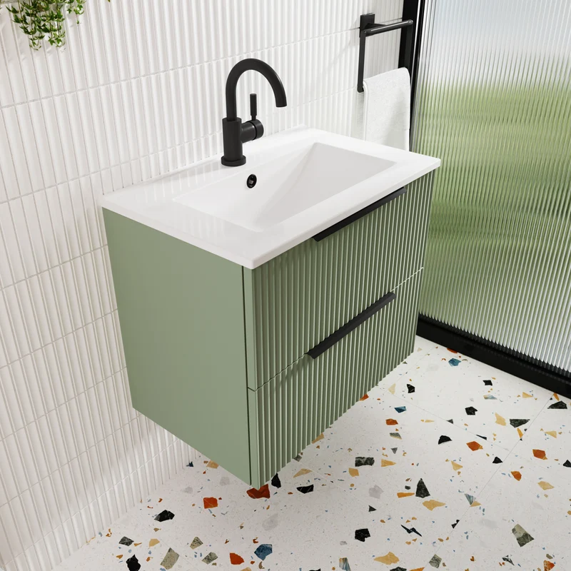 Hudson Reed Fluted Wall Hung 600mm Vanity Unit With 2 Drawers & Ceramic Basin - Satin Green