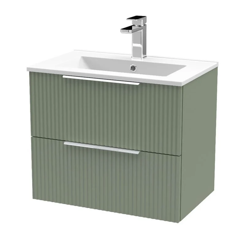 Hudson Reed Fluted Wall Hung 600mm Vanity Unit With 2 Drawers & Ceramic Basin - Satin Green