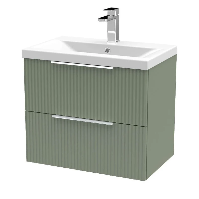 Hudson Reed Fluted Wall Hung 600mm Vanity Unit With 2 Drawers & Ceramic Basin - Satin Green