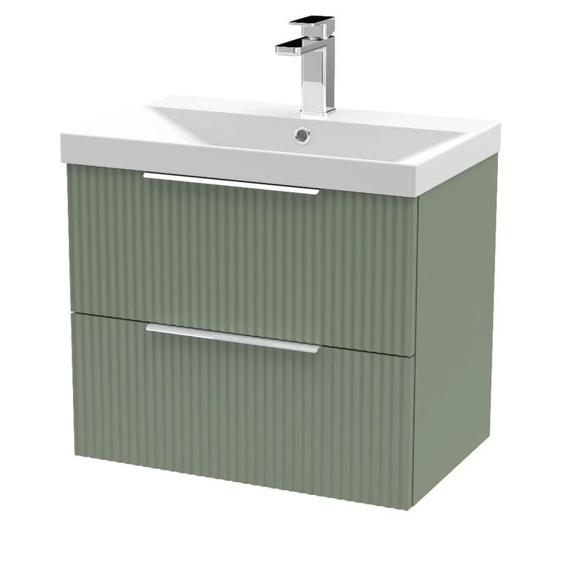 Hudson Reed Fluted Wall Hung 600mm Vanity Unit With 2 Drawers & Ceramic Basin - Satin Green