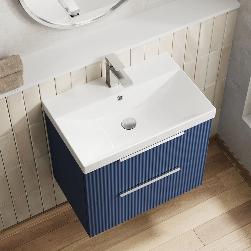 Hudson Reed Fluted Wall Hung 600mm Vanity Unit With 2 Drawers & Ceramic Basin - Satin Blue