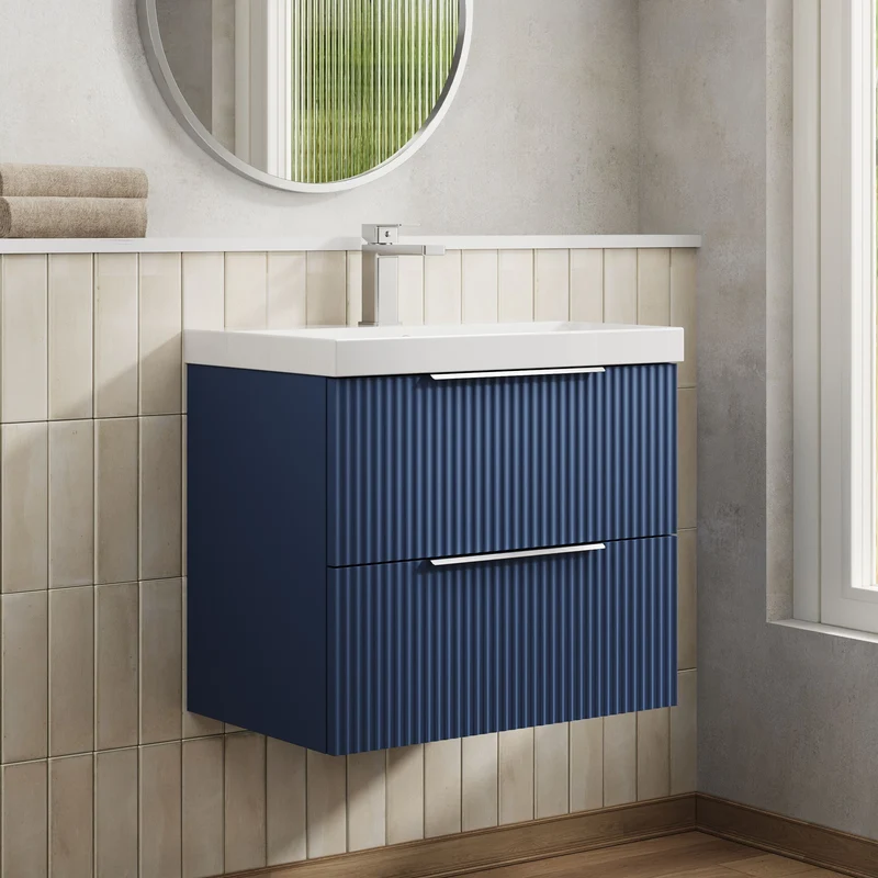 Hudson Reed Fluted Wall Hung 600mm Vanity Unit With 2 Drawers & Ceramic Basin - Satin Blue
