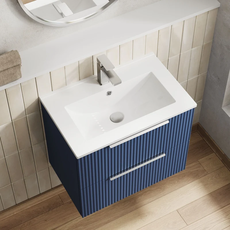 Hudson Reed Fluted Wall Hung 600mm Vanity Unit With 2 Drawers & Ceramic Basin - Satin Blue