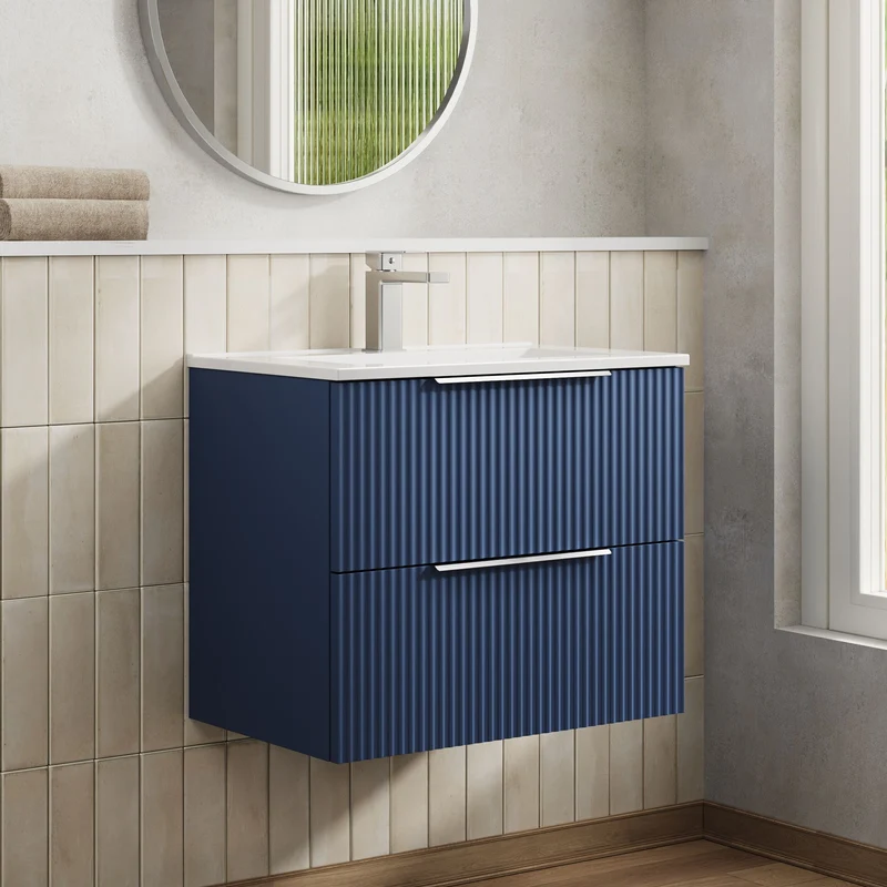 Hudson Reed Fluted Wall Hung 600mm Vanity Unit With 2 Drawers & Ceramic Basin - Satin Blue
