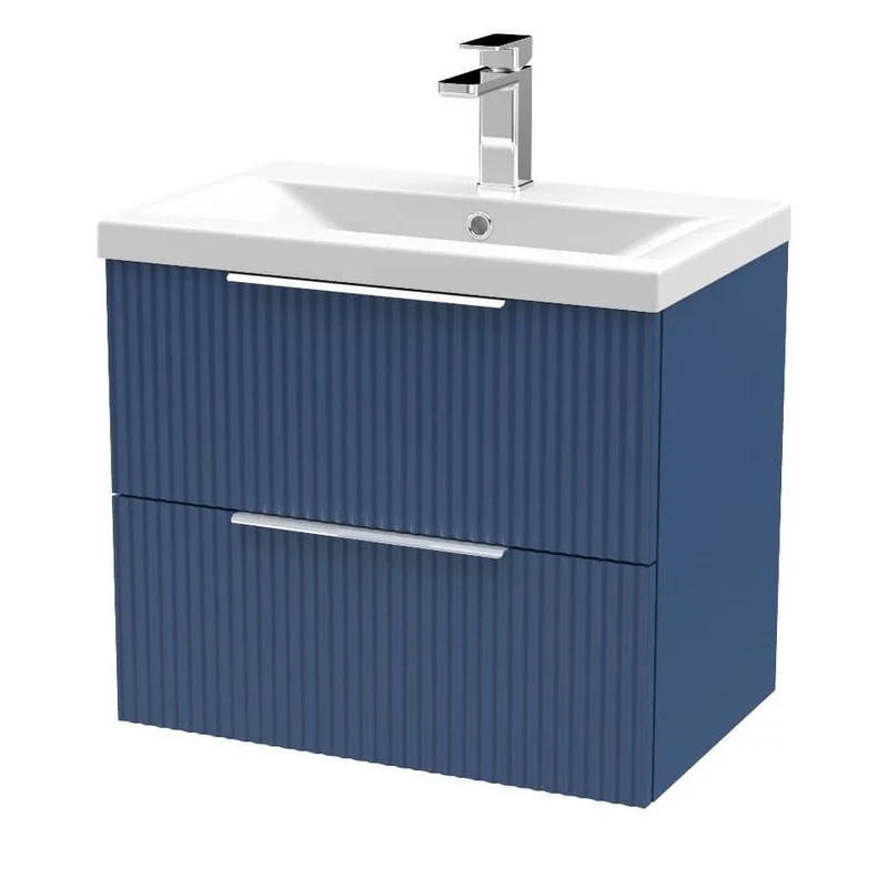 Hudson Reed Fluted Wall Hung 600mm Vanity Unit With 2 Drawers & Ceramic Basin - Satin Blue