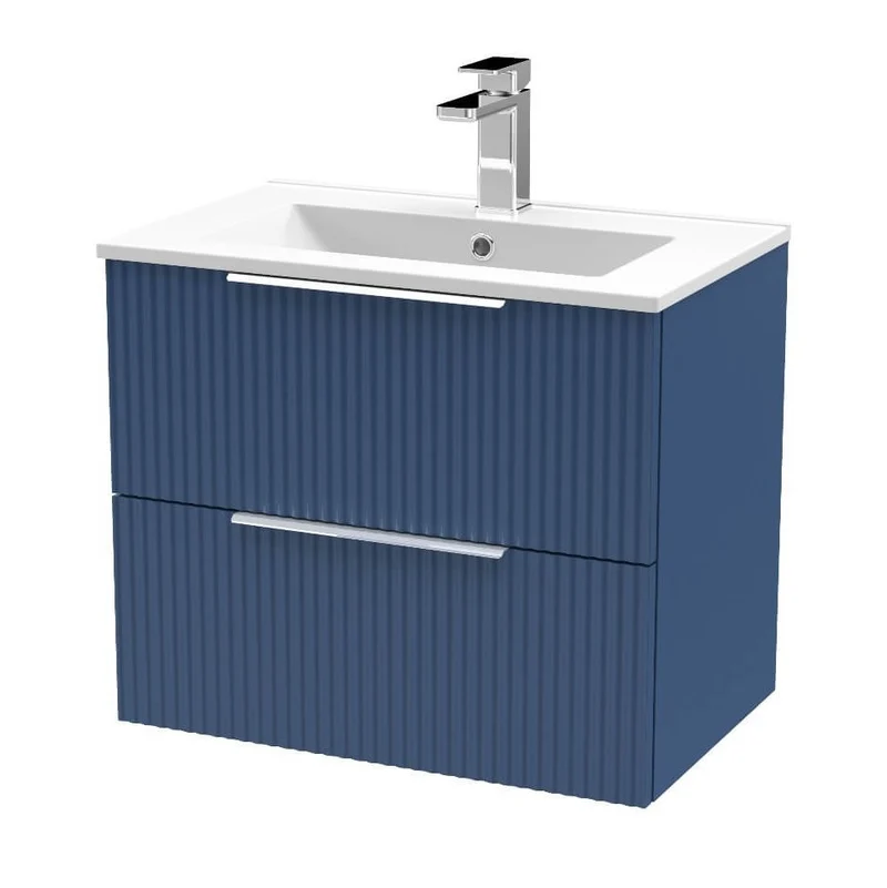 Hudson Reed Fluted Wall Hung 600mm Vanity Unit With 2 Drawers & Ceramic Basin - Satin Blue