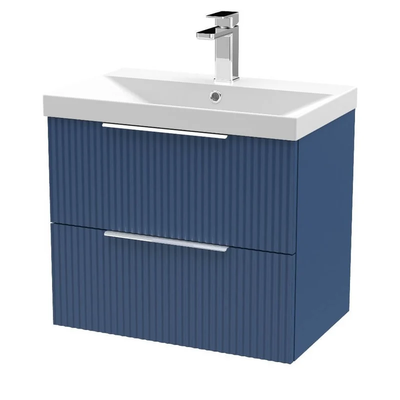 Hudson Reed Fluted Wall Hung 600mm Vanity Unit With 2 Drawers & Ceramic Basin - Satin Blue