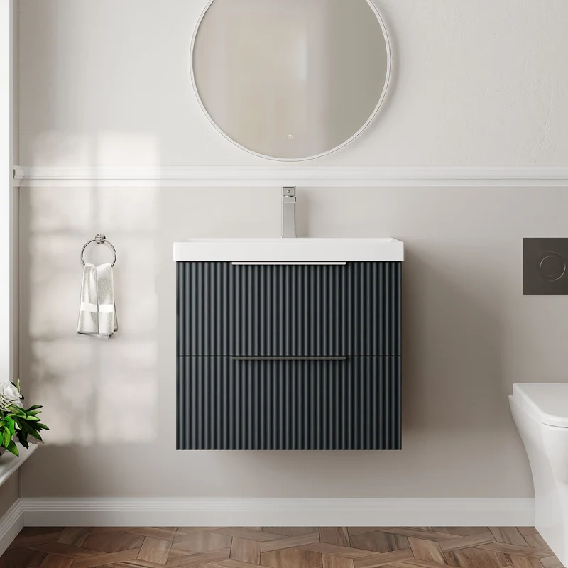 Hudson Reed Fluted Wall Hung 600mm Vanity Unit With 2 Drawers & Ceramic Basin - Satin Anthracite