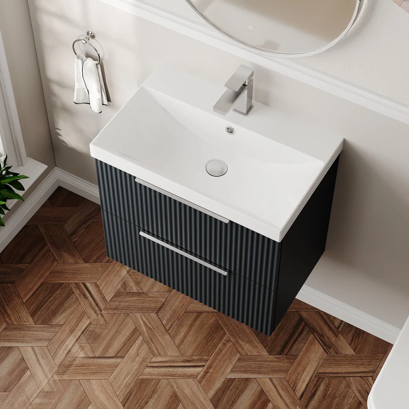 Hudson Reed Fluted Wall Hung 600mm Vanity Unit With 2 Drawers & Ceramic Basin - Satin Anthracite