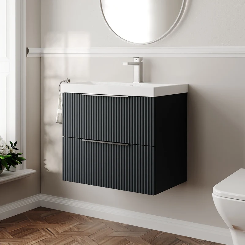 Hudson Reed Fluted Wall Hung 600mm Vanity Unit With 2 Drawers & Ceramic Basin - Satin Anthracite