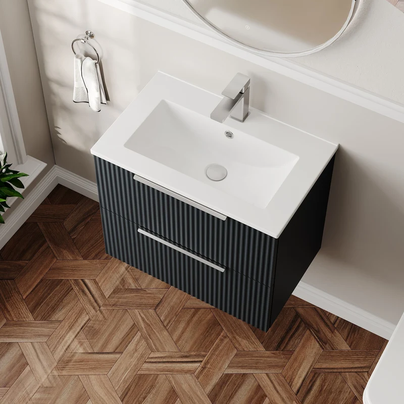 Hudson Reed Fluted Wall Hung 600mm Vanity Unit With 2 Drawers & Ceramic Basin - Satin Anthracite