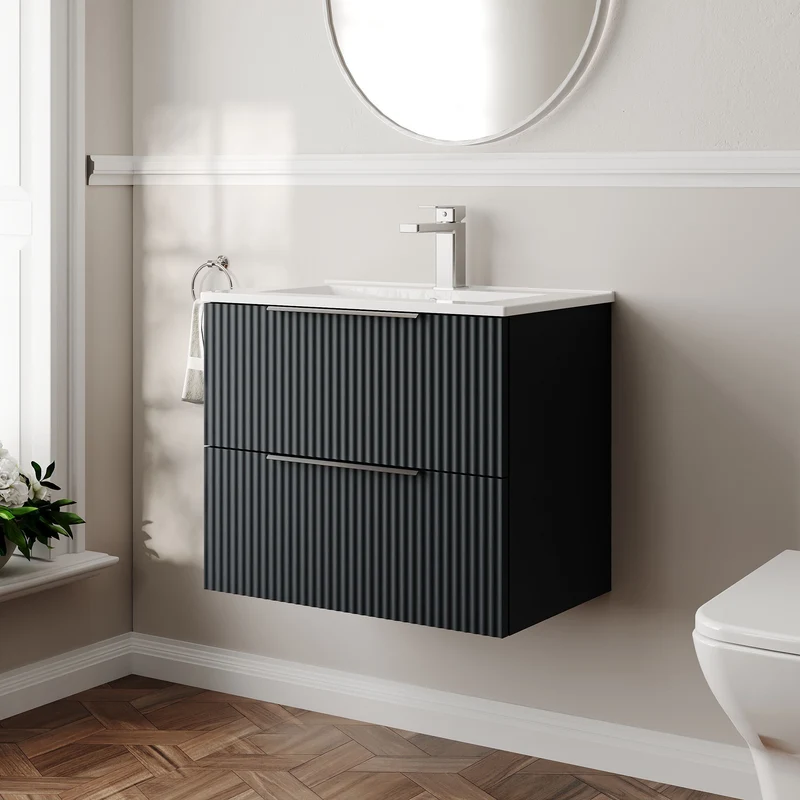 Hudson Reed Fluted Wall Hung 600mm Vanity Unit With 2 Drawers & Ceramic Basin - Satin Anthracite