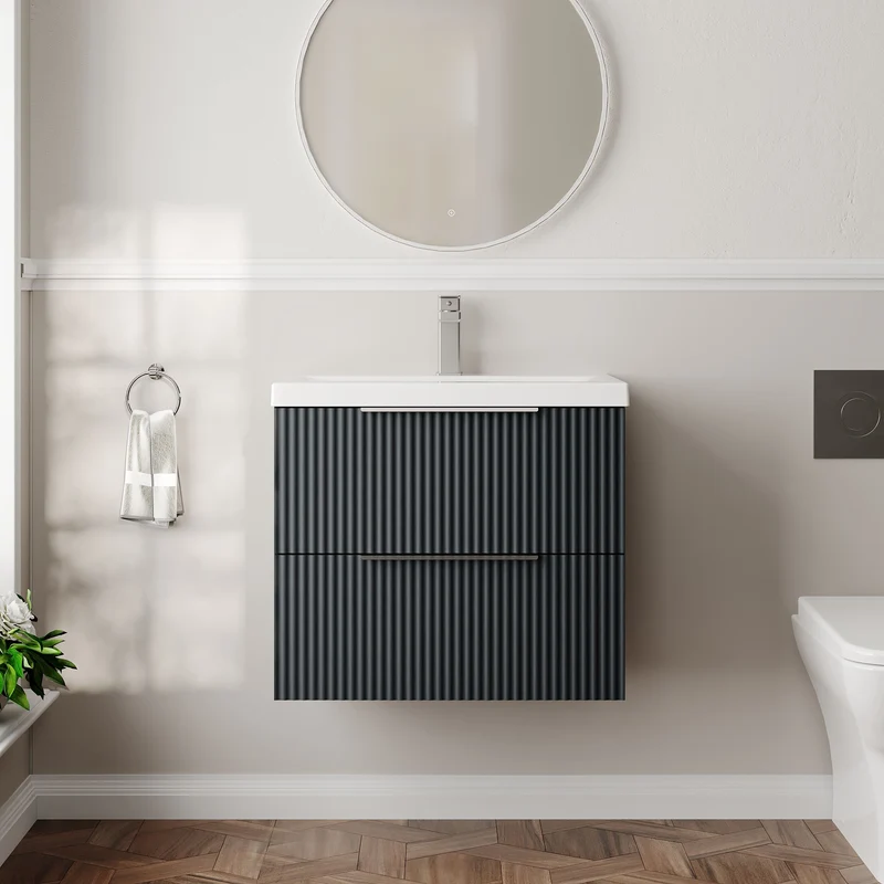 Hudson Reed Fluted Wall Hung 600mm Vanity Unit With 2 Drawers & Ceramic Basin - Satin Anthracite