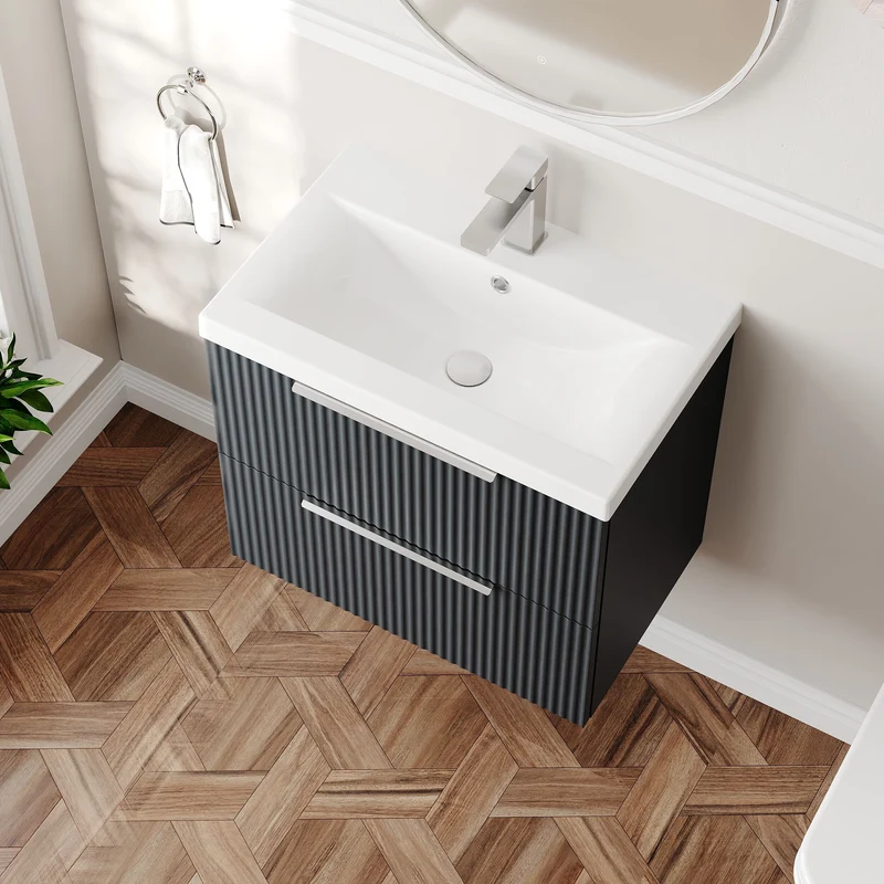 Hudson Reed Fluted Wall Hung 600mm Vanity Unit With 2 Drawers & Ceramic Basin - Satin Anthracite