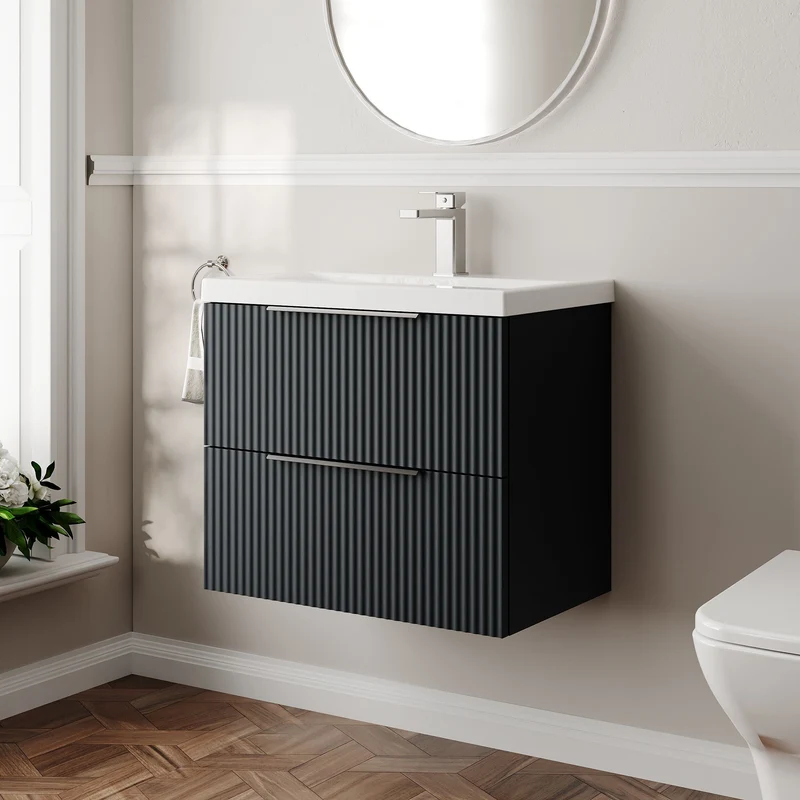 Hudson Reed Fluted Wall Hung 600mm Vanity Unit With 2 Drawers & Ceramic Basin - Satin Anthracite