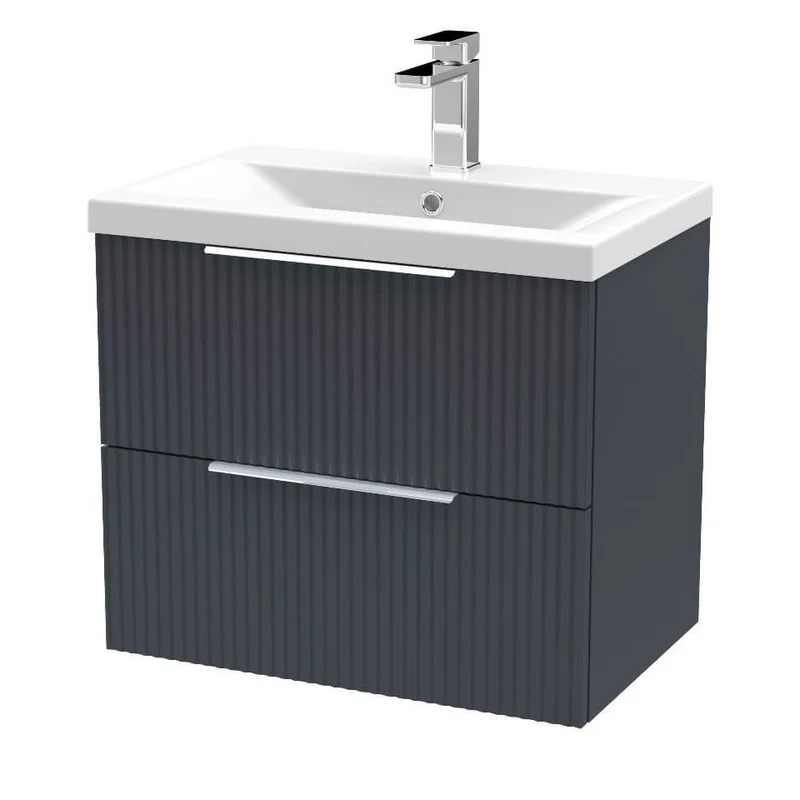 Hudson Reed Fluted Wall Hung 600mm Vanity Unit With 2 Drawers & Ceramic Basin - Satin Anthracite